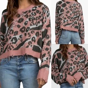 NWT ELAN Mauve Animal Print Leopard Blush Olive Crewneck Oversized Sweater M